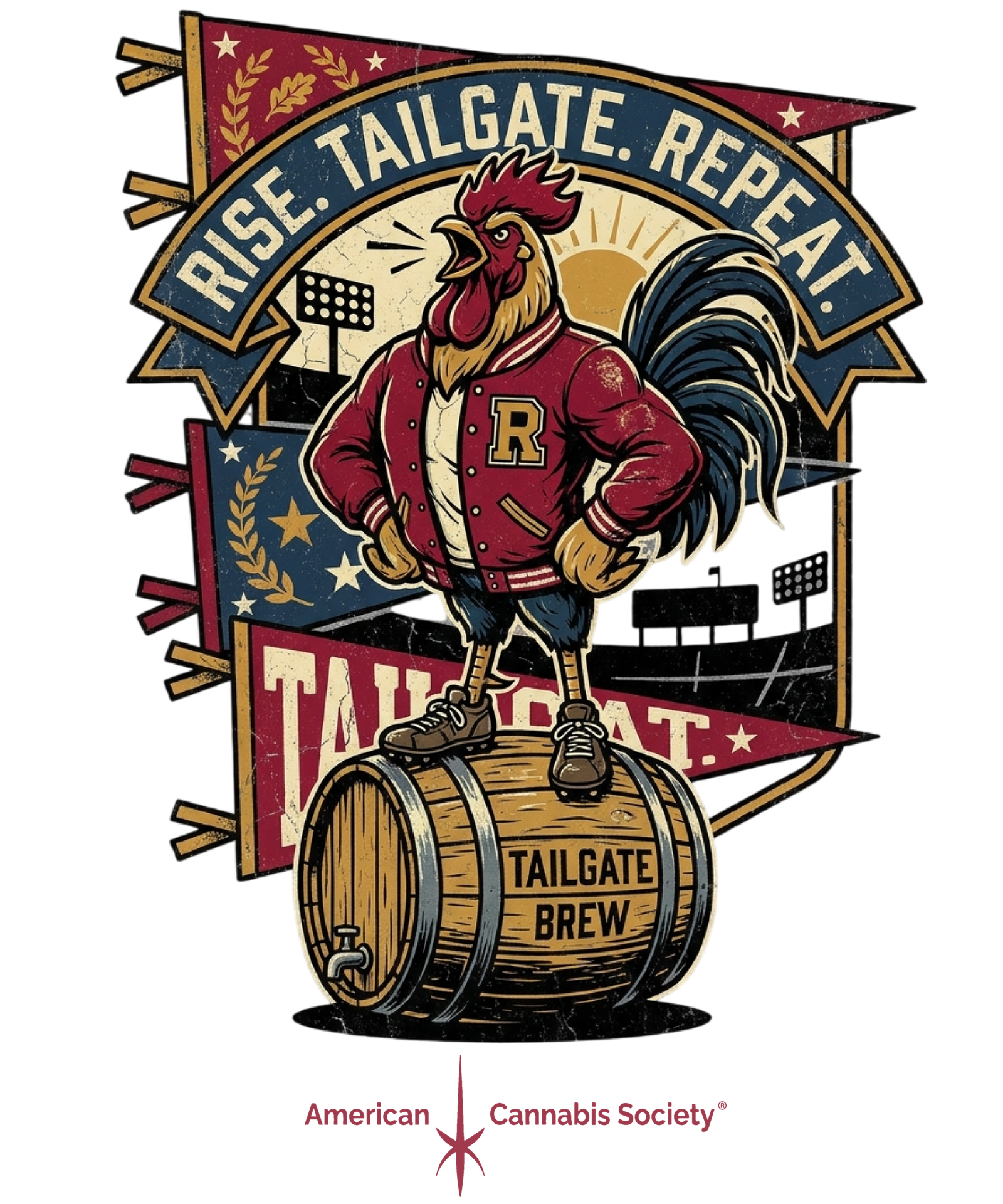Rise Tailgate Repeat cannabis game day t-shirt from THCFACTOR.com cannabis clothing company